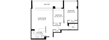 A black and white image of a floor plan for a home with a living room, kitchen, two bedrooms, and a balcony.