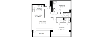 A black and white image of a floor plan for a home with a living room, dining room, kitchen, and two bedrooms.