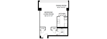 A black and white image of a floor plan for a small apartment.