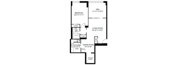 A black and white image of a floor plan for a one bedroom apartment.