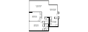 A black and white image of a floor plan for a home with a living room, dining room, kitchen, and three bedrooms.