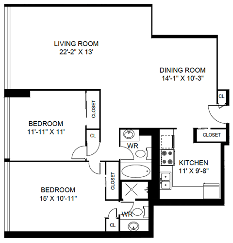 A black and white image of a floor plan for a home with a living room, dining room, kitchen, and three bedrooms.