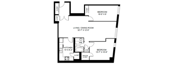 A black and white image of a floor plan for a home with a living room, dining room, kitchen, and two bedrooms.
