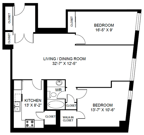 A black and white image of a floor plan for a home with a living room, dining room, kitchen, and two bedrooms.