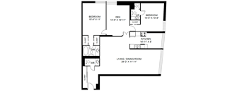 A black and white image of a floor plan for a home with a living room, dining room, kitchen, and two bedrooms.