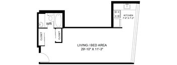 A floor plan of a small apartment with a living area, kitchen, and two closets.