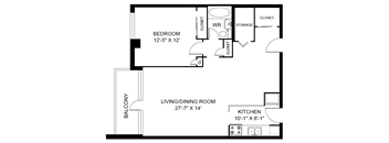 A black and white image of a floor plan for a living space.