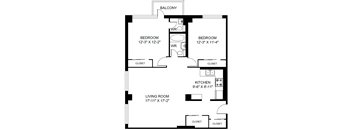 A black and white image of a floor plan for a home with a balcony, two bedrooms, a living room, a kitchen, and three closets.