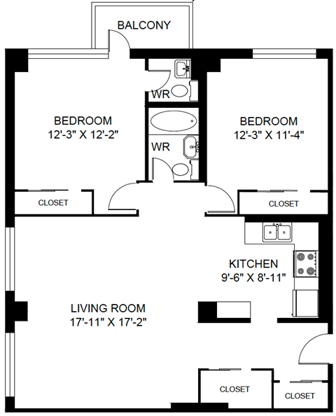 A black and white image of a floor plan for a home with a balcony, two bedrooms, a living room, a kitchen, and three closets.