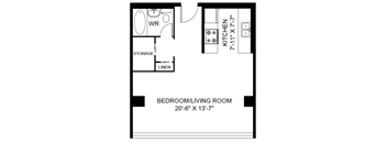 A floor plan of a bedroom/living room with a kitchen area.