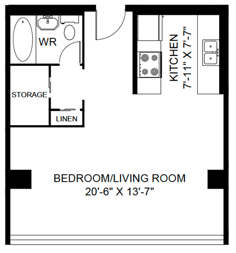 A floor plan of a bedroom/living room with a kitchen area.