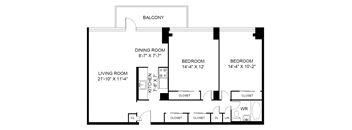 A black and white image of a floor plan for a home with a balcony, two bedrooms, a living room, a dining room, and a kitchen.