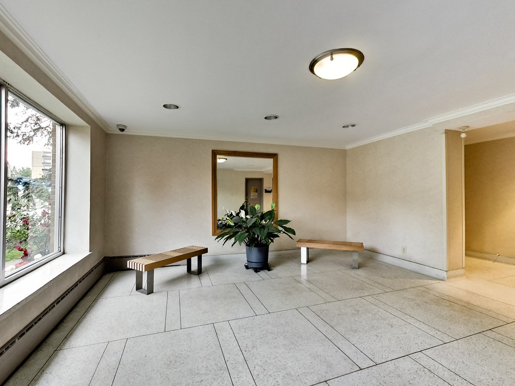 a hallway with benches and a potted plant and a large window
