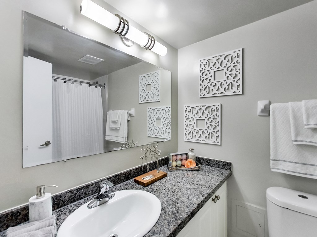 A bathroom with a white sink and a mirror above it.