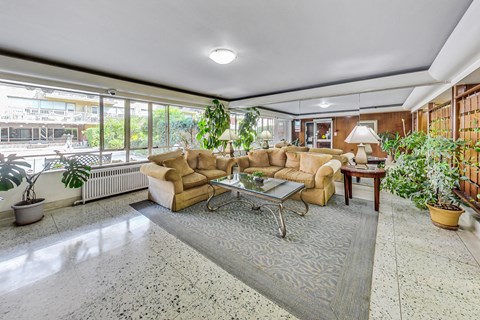 A living room with a tan couch and a grey rug.