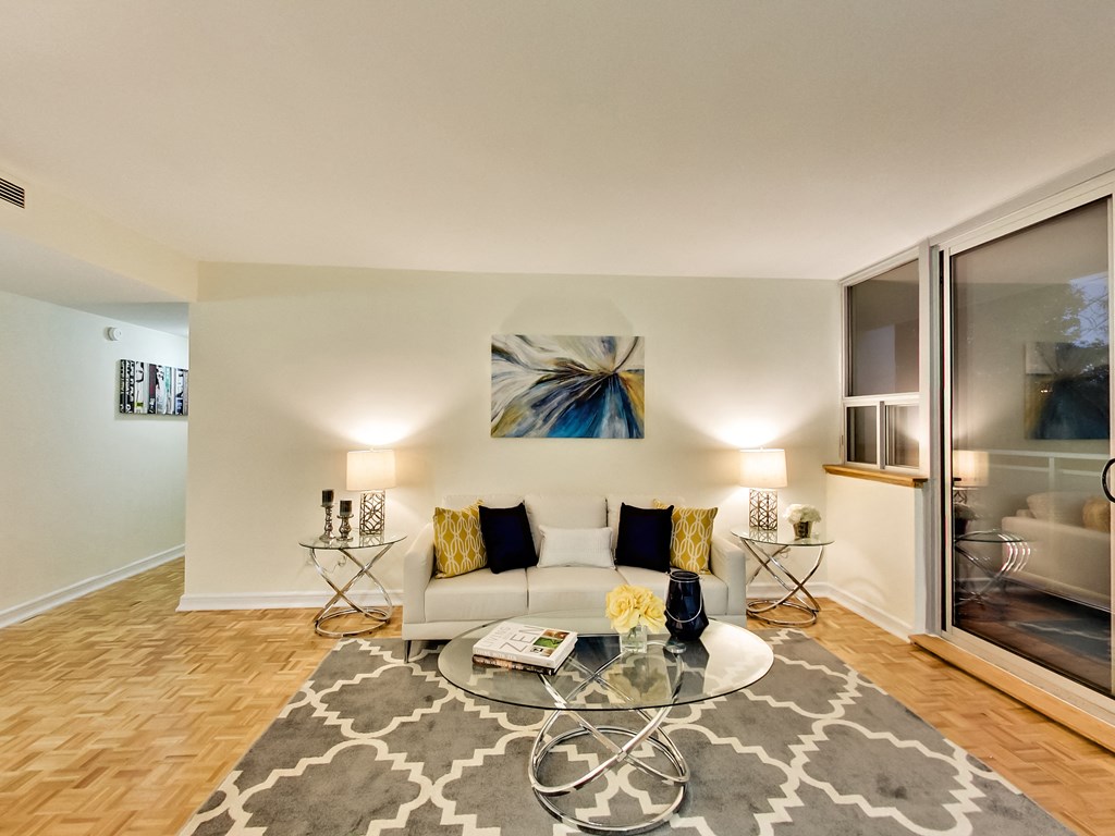 A living room with a white couch and a grey rug.