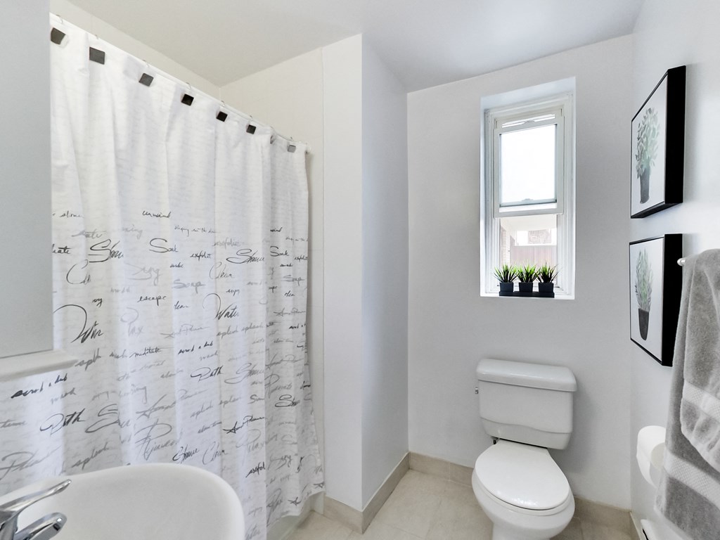 a bathroom with a shower curtain and a toilet and a sink