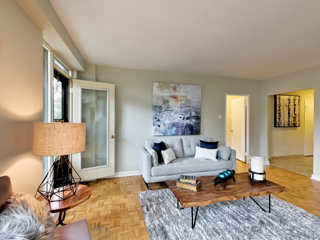 a living room with a couch and a coffee table