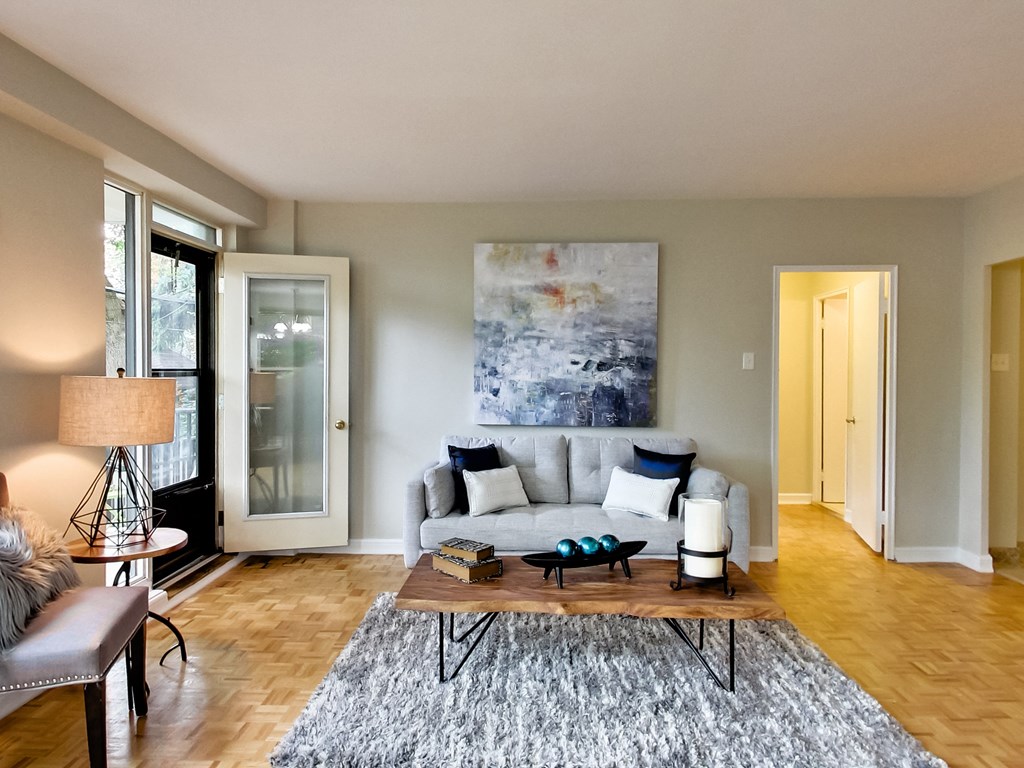 a living room with a couch and a coffee table