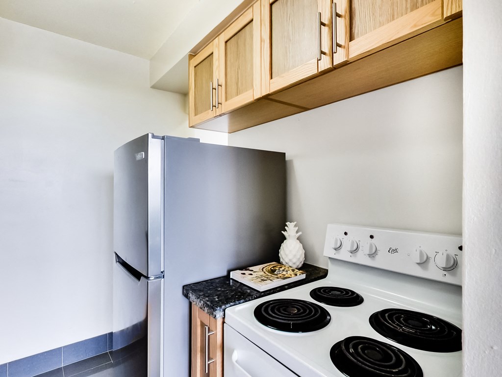A kitchen with a stove and a refrigerator.