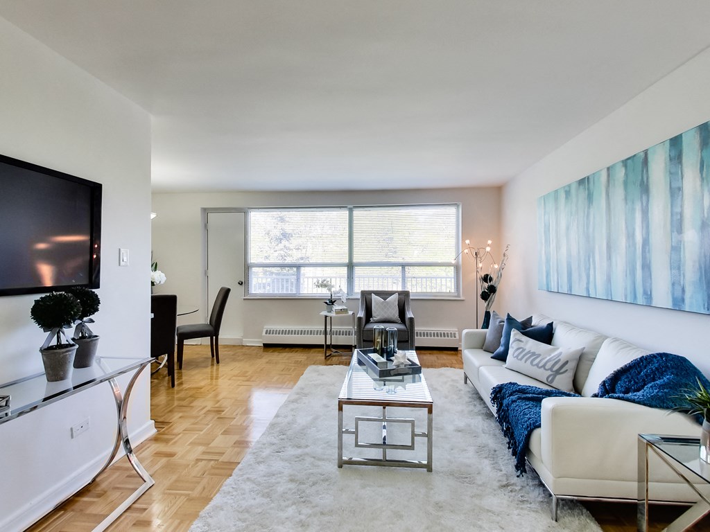 a living room with a couch and a coffee table and a television