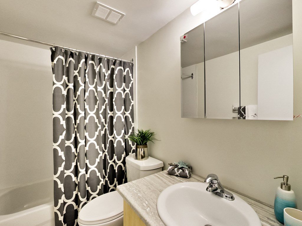 A bathroom with a white sink and a shower with a black and white curtain.
