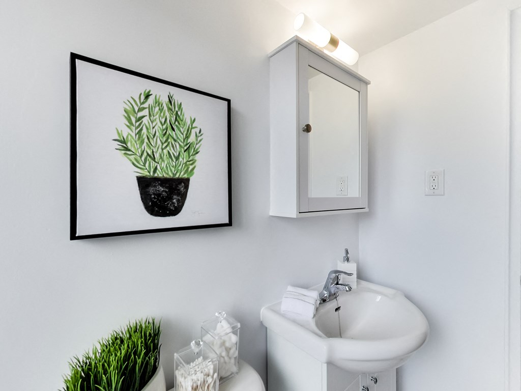 A bathroom with a white sink and a framed picture of a plant on the wall.