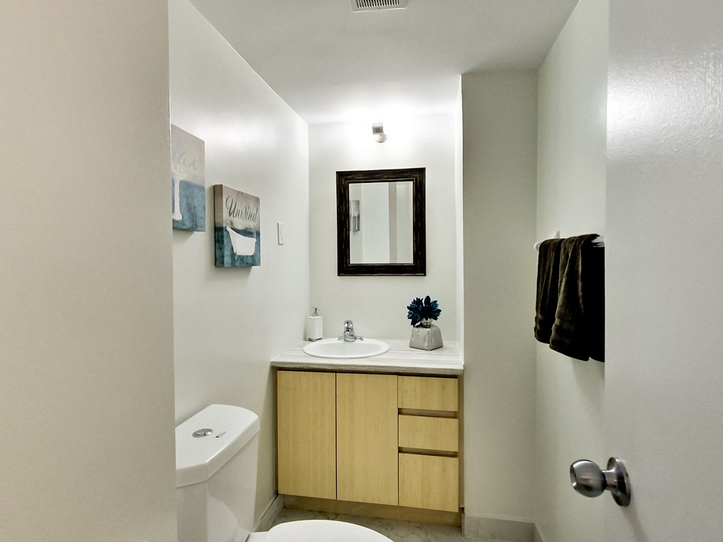 A bathroom with a toilet, sink, and mirror.