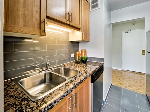 A kitchen with a sink and a counter top.