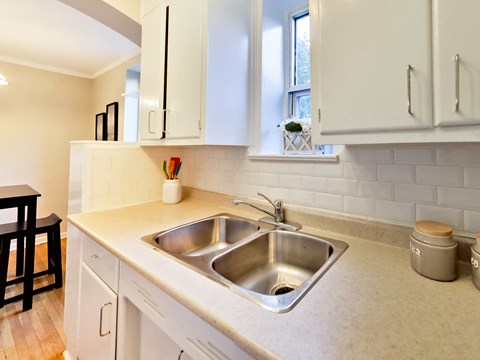 A kitchen with a sink and cabinets.