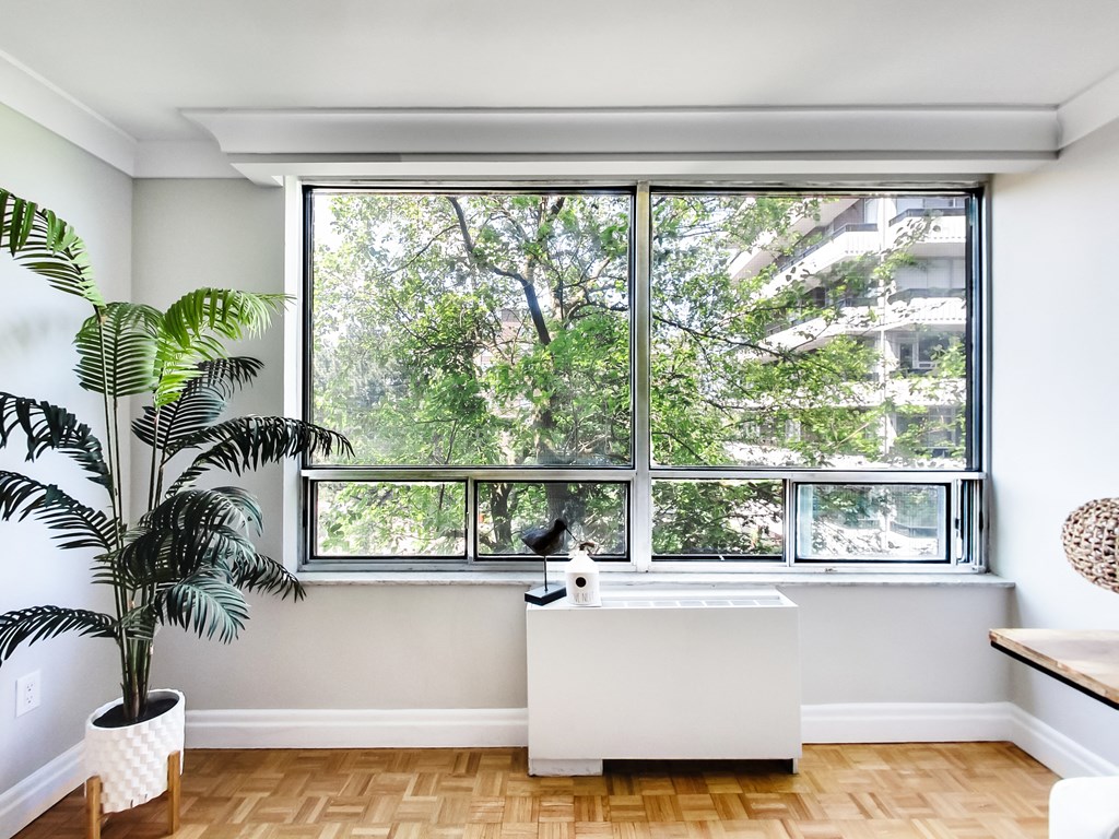 A bathroom with a large window and a plant.