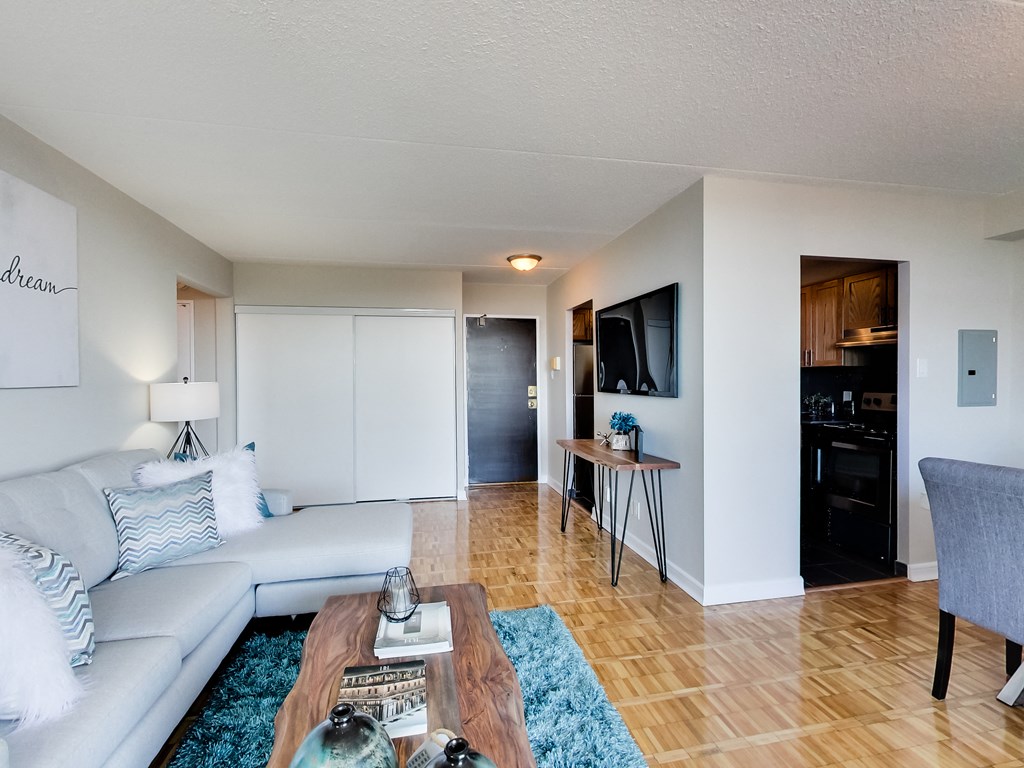 a living room with a couch and a coffee table