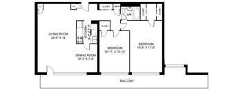 A black and white image of a floor plan for a home with a living room, dining room, kitchen, and two bedrooms.