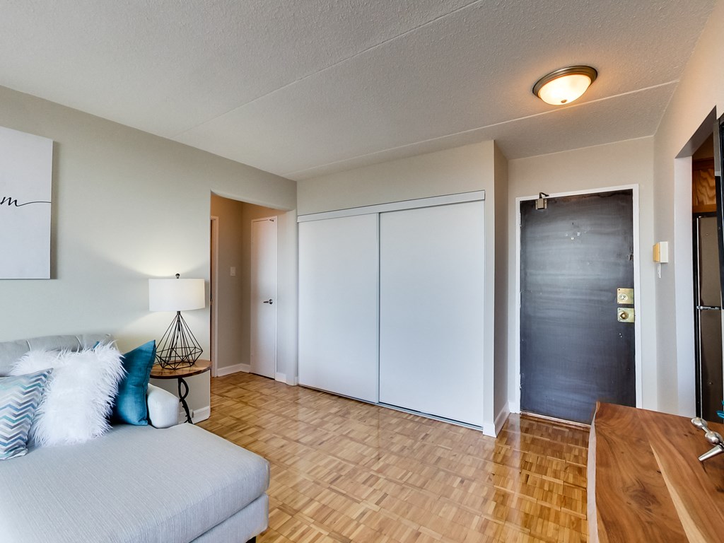 a living room with a couch and a door to a closet