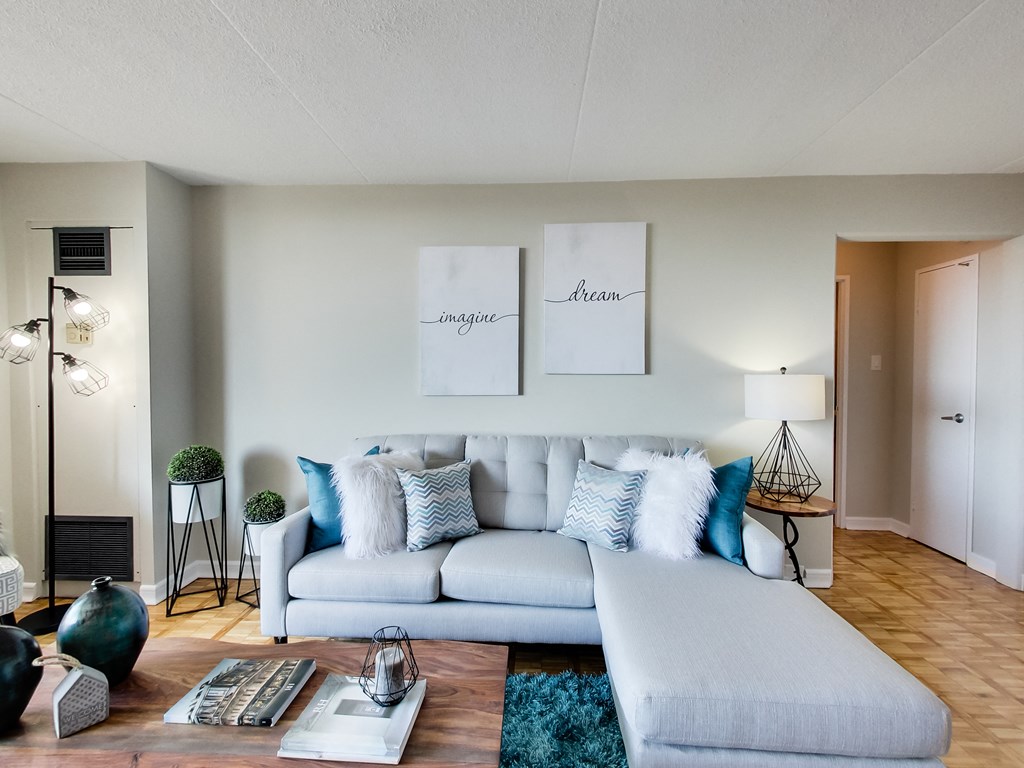 a living room with a couch and a coffee table