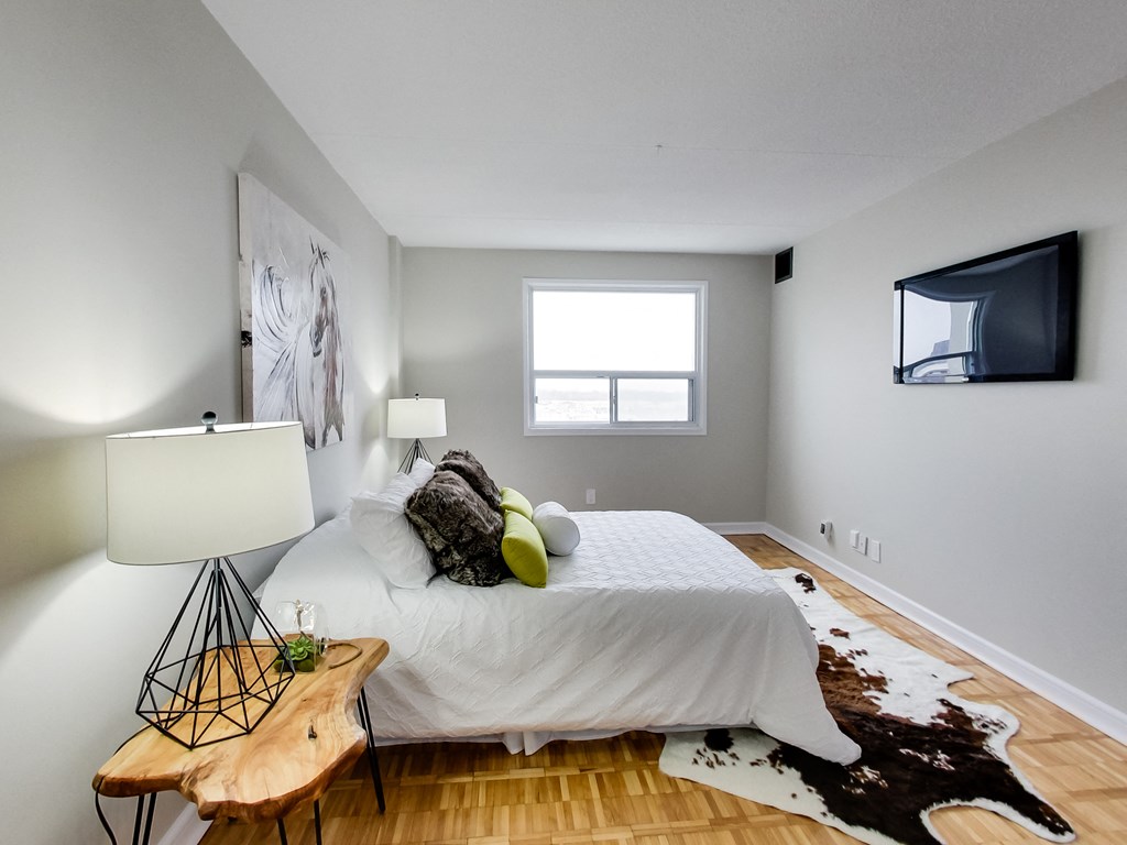 a bedroom with a bed and a tv