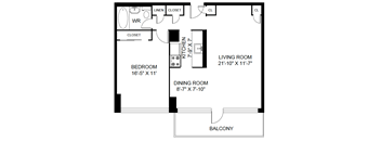 A black and white image of a floor plan for a living room, bedroom, dining room, and balcony.