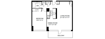 A black and white image of a floor plan for a living room, bedroom, dining room, and balcony.