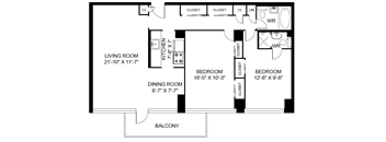 A black and white image of a floor plan for a home with a living room, dining room, kitchen, and two bedrooms.