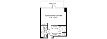 A black and white image of a floor plan for a bedroom/living room.