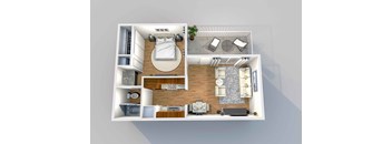 A 3D floor plan of a small apartment with a bedroom, living room, and kitchen.