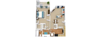 One bedroom floorplan, a living room, a kitchen, and a bathroom.