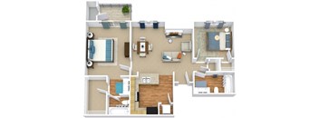A top down view of a house interior with a kitchen, living room, and bedrooms.