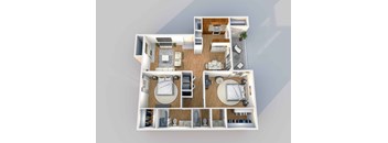 A top-down view of a small apartment layout with two bedrooms, a living room, a kitchen, and a bathroom.