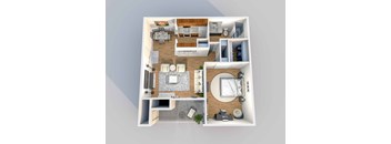 A top-down view of a small apartment with a kitchen, living room, and bathroom.