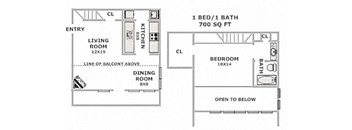 a floor plan of a small house with a living room and a dining room