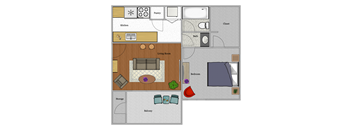A floor plan of a house showing a living room, kitchen, pantry, bathroom, bedroom, and balcony.