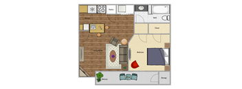 A floor plan of a house with a kitchen, living room, bedroom, bathroom, pantry, closet, and storage.