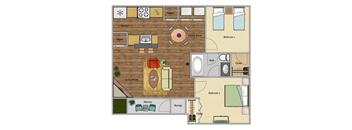 A floor plan of a house with a living room, dining room, kitchen, two bedrooms, a bathroom, a pantry, a closet, a storage area, and a balcony.