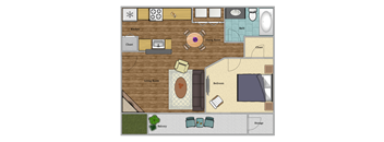 A floor plan of a house with a living room, dining room, kitchen, bedroom, and bathroom.